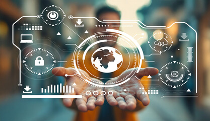 Hands reaching out with digital interface overlay showcasing global connectivity, technology icons, data security, and innovative solutions in urban setting