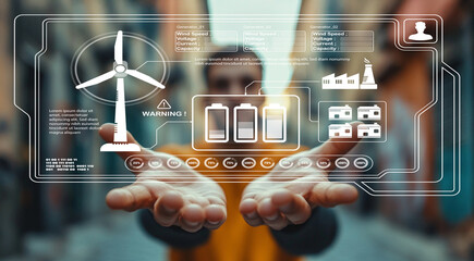 Futuristic Data Visualization for Renewable Energy with Hands Holding Digital Display of Wind Turbine, Battery Storage, and Consumption Metrics