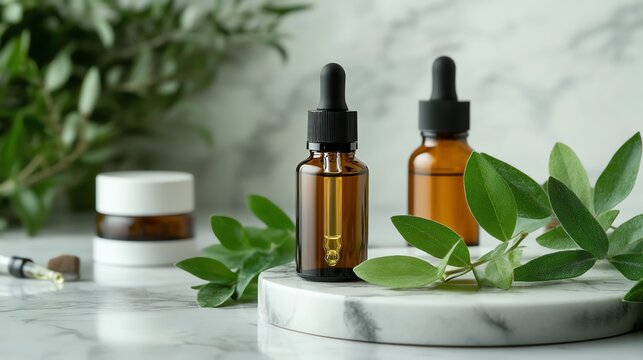 Aromatic oil bottles on a marble surface.