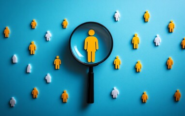 Customer focus represented by yellow human icon in magnifying glass on blue background