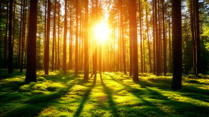 Obraz premium Golden sunrise filtering through a dense pine forest, illuminating a lush green forest floor. Peaceful and serene nature scene.