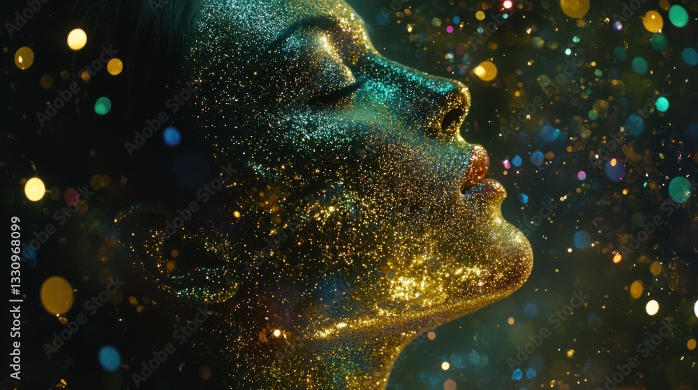 Poster sparkling face with glitter in a dreamy bokeh background