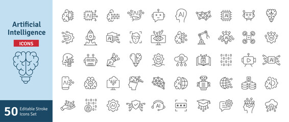 Artificial Intelligence Line Editable Stroke Icons Set. Machine Learning, AI, Brain, Robot, Bot, Technology, Micro Chip, Mind, Cloud Computing, Algorithm Icons Vector Illustration