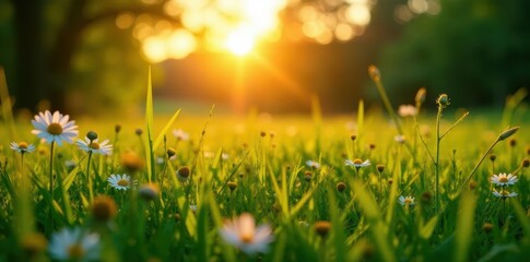 Fototapeta premium Golden hour illuminates lush green meadow, wildflowers scattered, beautiful, spring