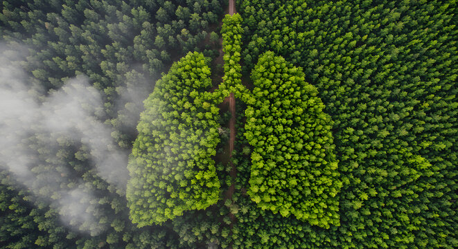 Aerial View of Lungs Shaped Forest: A Breath of Fresh Air, Nature's Resilience, Environmental Conservation