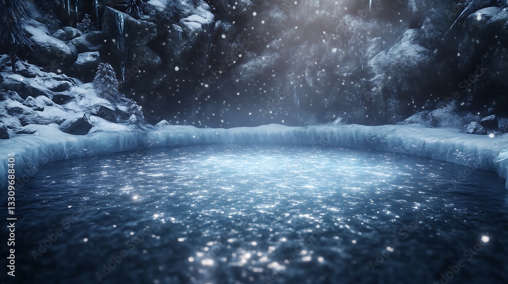 Poster Serene winter scene featuring a shimmering pool of water surrounded by snow and a tranquil atmosphere.
