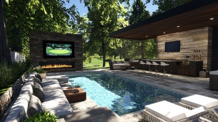 Luxurious Outdoor Living Space with Pool and Modern Amenities