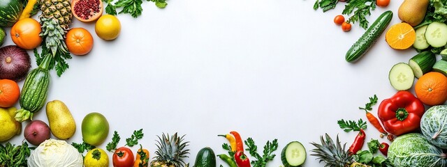 Colorful fruits and vegetables border on white background.