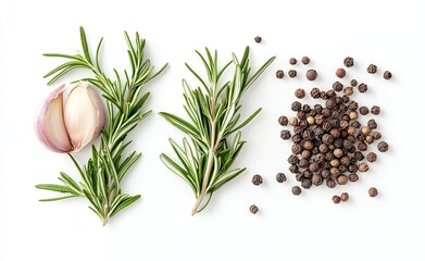 Rosemary sprigs, garlic clove, peppercorns on white.