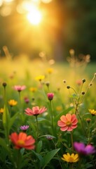 Obraz premium Golden sunlight bathes a vibrant meadow; wildflowers in bloom, gentle breeze , meadow, breeze