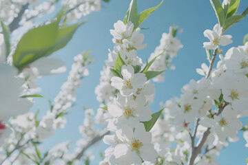 Obraz premium Delicate white almond blossoms in full bloom against a vibrant blue sky, capturing the beauty of spring.
