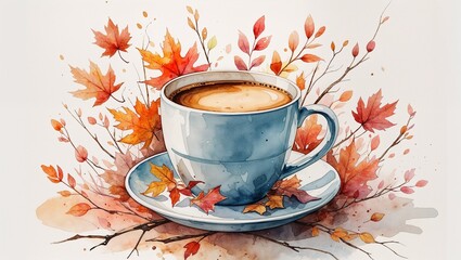 Watercolor Coffee Cup with Autumn Leaves