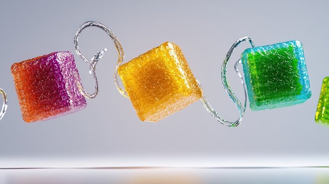 Colorful Gelatin Cubes with Twisted Wire on Light Background