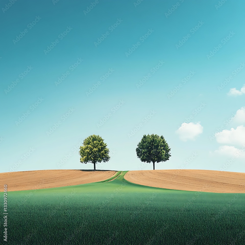 Poster symmetrical rural landscape featuring a dirt path flanked by harvested fields and lined with rows of