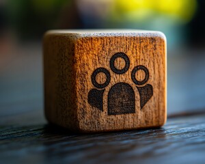 Topdown shot of a wooden block with a customer focus group icon etched on the surface, surrounded by soft lighting to emphasize professional teamwork and customer insight