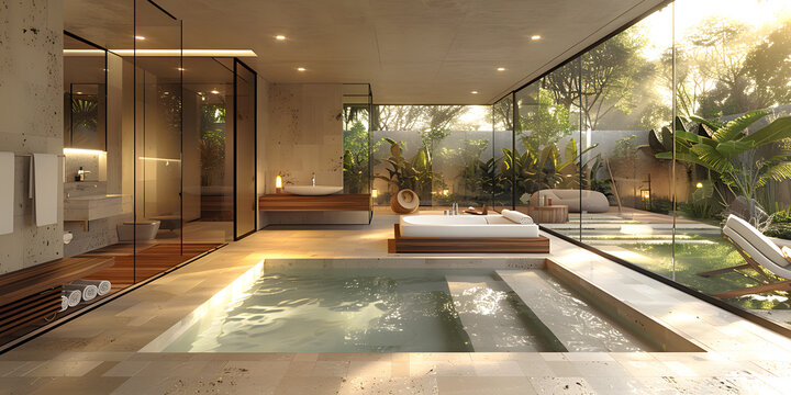 Ba&ntilde;o minimalista con tina independiente, piscina interior y ventanales panor&aacute;micos