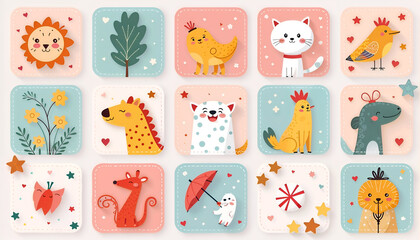 Cute illustrated animal and nature cards with playful designs and soft pastel colors. 