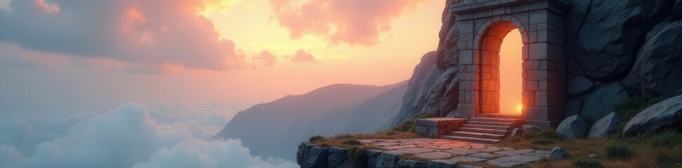 Ancient stone altar, windswept cliff, ethereal glow, majestic, legend