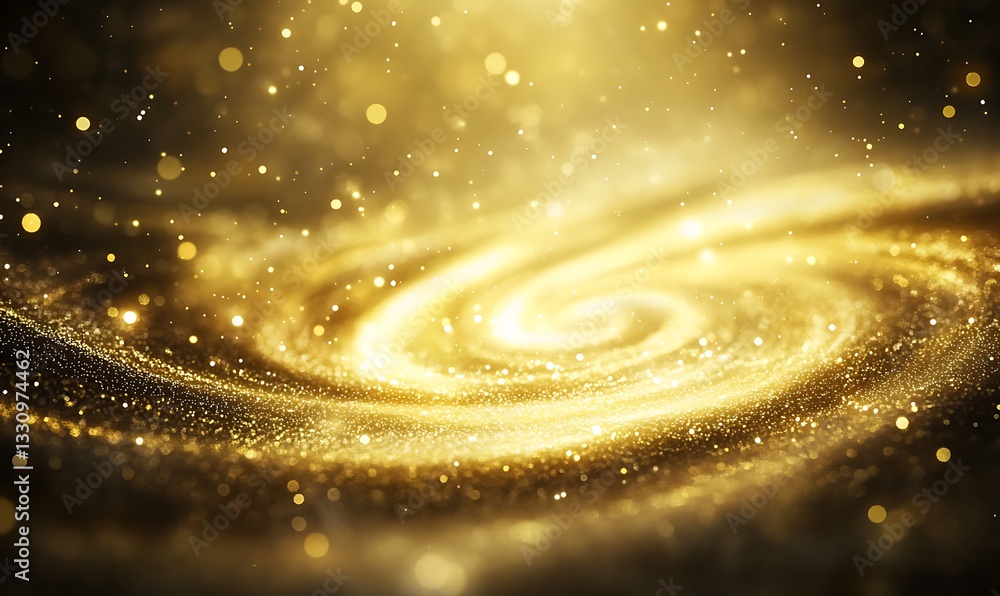 Poster golden galaxy swirling with sparkling stars and light effects, creating a magical cosmic atmosphere.