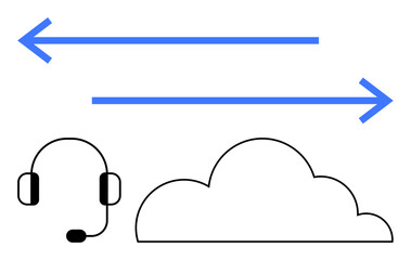 Blue arrows depicting data exchange, a headset symbolizing communication, and a cloud for virtual storage or services. Ideal for remote work, cloud computing, digital communication, data transfer