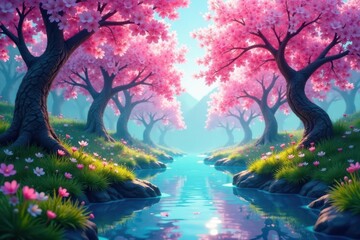 Fototapeta premium Enchanted cherry blossoms drink from glowing blue rivers in a mystical spring meadow , blue, spring
