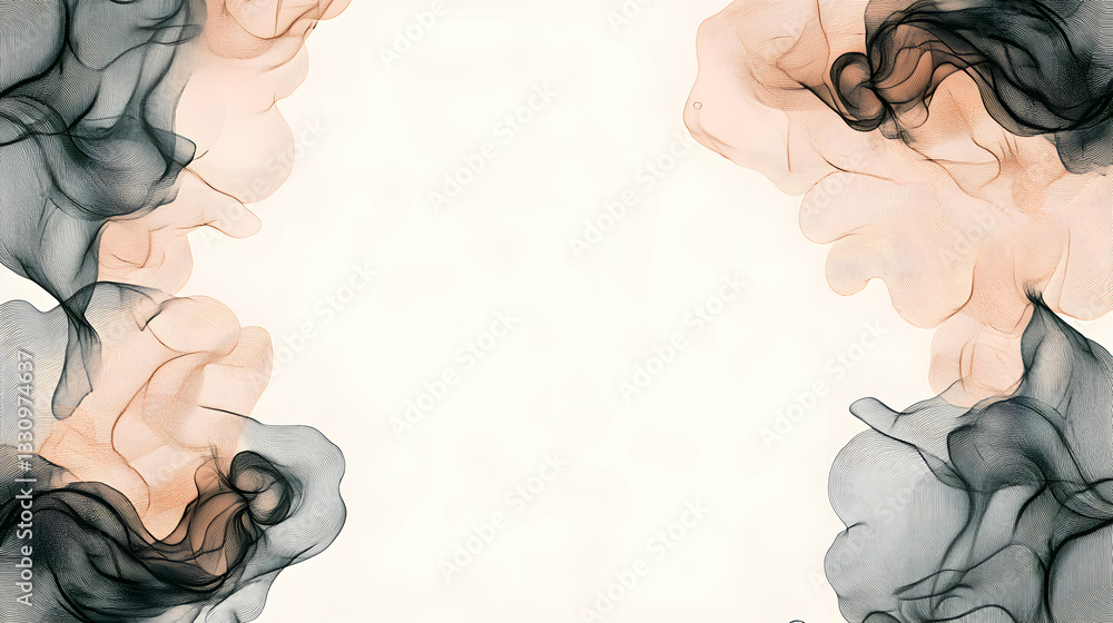 Poster elegant abstract art background with smoky, flowing lines in soft blush pink and dark gray, creating
