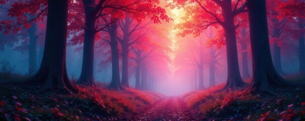 Fototapeta premium Ethereal forest, trees in vivid spectral bloom, shifting constantly , fantasy, colors