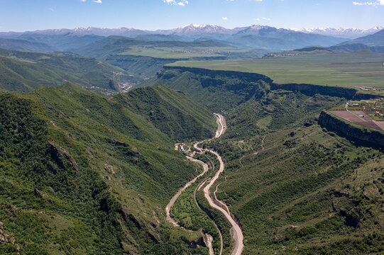 Aerial view of Debed River canyon and colorful agricultural fields near Odzun, Alaverdi, and Vanadzor in Lori province, Armenia, during spring and summer