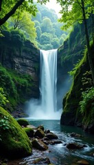 Serene waterfall cascading down mossy rocks into lush green valley , nature, lush
