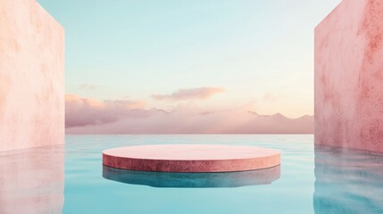 Obraz premium Serene outdoor scene featuring a circular platform in tranquil water at sunset.