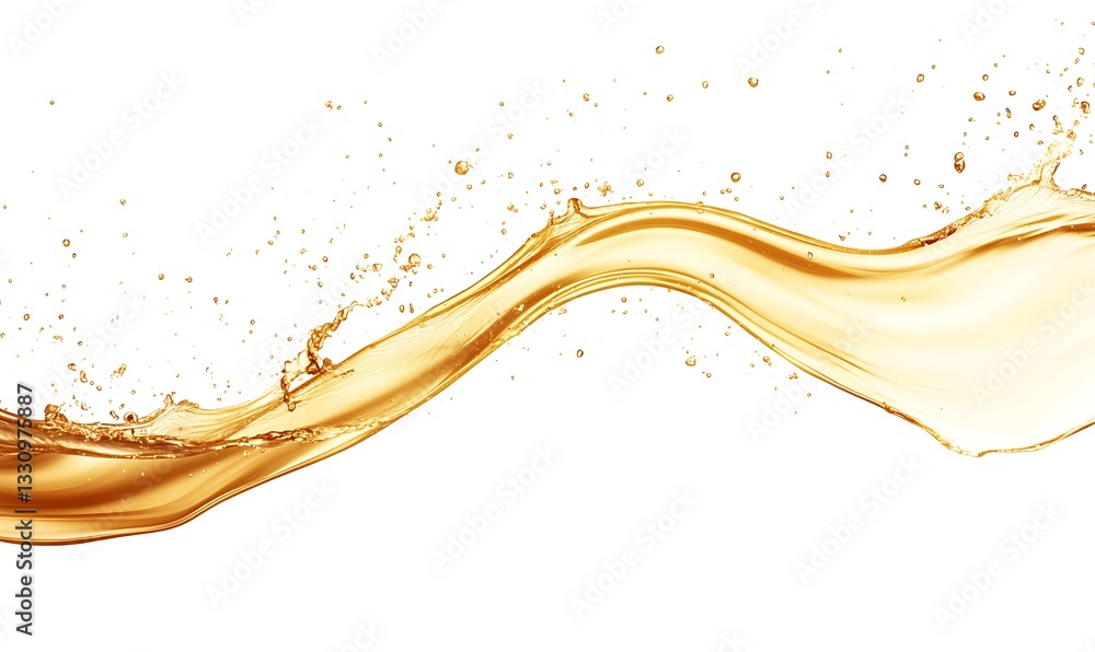 Poster fluid golden liquid splash with dynamic waves on a white background.