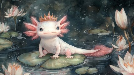 Whimsical axolotl with crown sits on a lily pad amidst serene water lilies at twilight