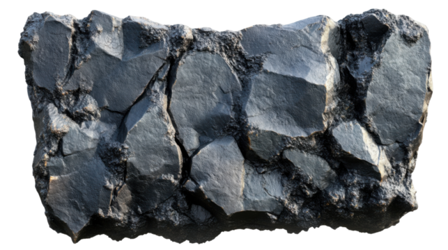 Dark gray rock formation with cracks on transparent background