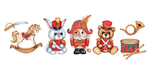 Fototapeta premium Set of children's toys with rocking horse, military bear, bunny, drum, saber, bugle and nutcracker watercolor illustration. Toys for decoration of children's parties, Christmas and New Year, isolated