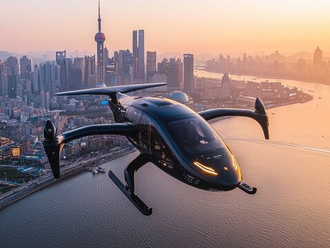 In a breathtaking display of technological prowess, an AI-powered autonomous flying taxi gracefully navigates the complex urban landscape The futuristic vehicle, equipped with advanced sensors and