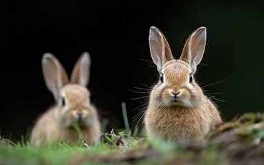Obraz premium Two Wild Rabbits One Shaking Water Off Fur in Green Grass