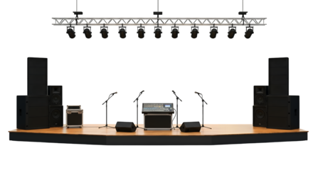 Professional Stage Setup with Audio Equipment for Live Performance isolated on white or transparent png background