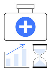 Fototapeta premium Medical kit with cross icon, upward trending bar chart, and hourglass representing healthcare, progress, time management, planning, productivity, efficiency goal setting. Flat simple metaphor