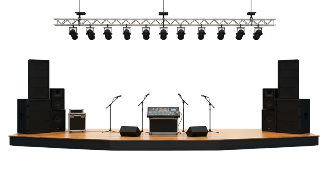 Professional Stage Setup with Audio Equipment for Live Performance isolated on white or transparent png background