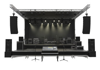 Empty concert stage setup with audio equipment. isolated on white or transparent png background