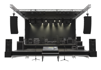 Empty concert stage setup with audio equipment. isolated on white or transparent png background