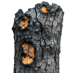 Charred Tree Trunk with Fire Burning Isolated on Transparent Background