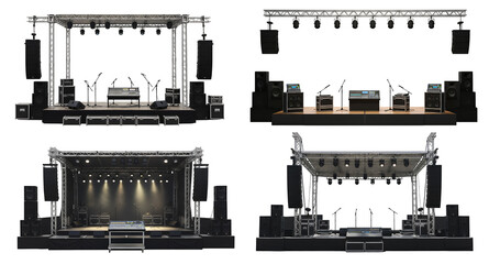 Set of Professional Stage Setup for Live Performances isolated on white or transparent png background