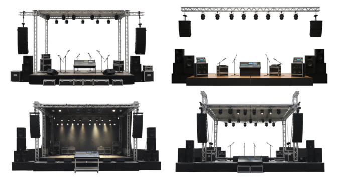 Set of Professional Stage Setup for Live Performances isolated on white or transparent png background