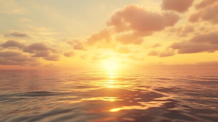 Obraz premium Serene sunset over calm waters with soft clouds illuminating the horizon.