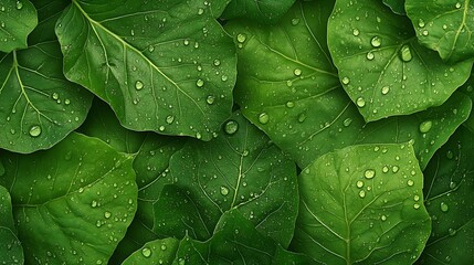 Fototapeta premium Lush Green Leaves with Dew Drops: Close-Up Nature Photography AI Generated