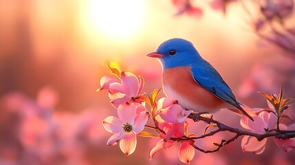 Fototapeta premium Vibrant Bluebird Perched on Pink Dogwood Blossoms at Sunset