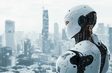 AI robot looking at the city skyline