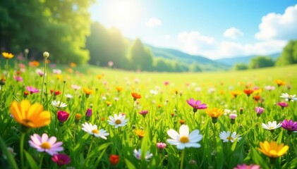 Fototapeta premium Sun-drenched meadow, colorful wildflowers scattered, vibrant, scene