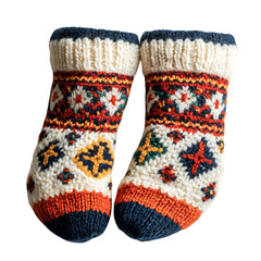 A Pair of Fluffy Slipper Socks with Nordic Patterns Isolated on Transparent Background